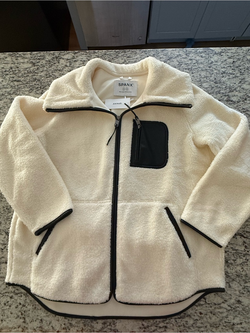 SPANX Cream Sherpa Zip Jacket with Black Trim
